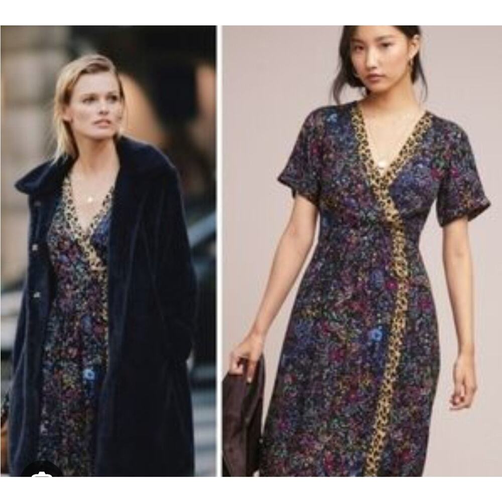 Anthropologie Maeve Floral Leopard Dress Faux Wrap Morgan Midi Sz 0 - Picture 2 of 12